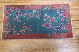 Antique Distressed Chinese Peking Rug Teal and Burnt Sienna Art Deco Floral - Picture 1 of 10