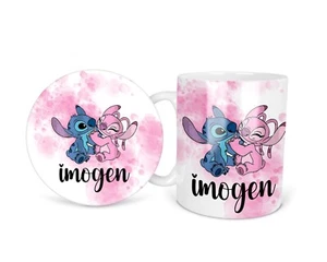 Splash blau rosa Stich Geschenk Initiale personalisierte Keramiktasse &/oder Untersetzer Set - Bild 1 von 1
