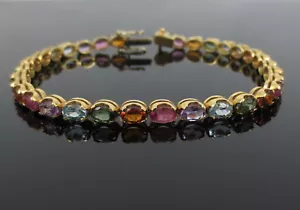 Vintage 11.50ct Sapphire Tourmaline & Aquamarine 14K Yellow Gold Tennis Bracelet - Picture 1 of 12