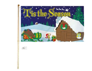 5' Wood Flag Pole Kit Wall Mount Bracket 3x5 Tis The Season Blue Polyester Flag - Picture 1 of 3