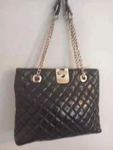 Jaeger Black Shoulder Bag Quilted Leather Tote Gold Chain Shoulder Straps. - Picture 1 of 9