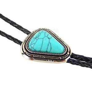 Teardrop Natural Real Turquoise Stone Bolo Tie 40" Adjustable Leather Cord - Picture 1 of 5