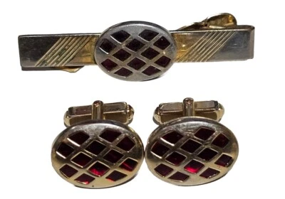 Juego de gemelos Anson vintage con barra de clip de corbata tono dorado diamante rojo cabujón Foto 1 de 4