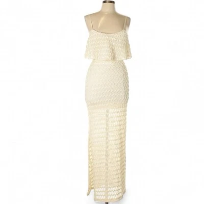 Maxi Vestido Y2K Body Central Crema Crochet Playa Transparente Volantes Sin Mangas Mediano Foto 1 de 4