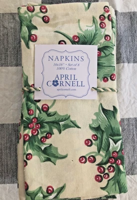 Servilletas de cena S/8 April Cornell HOLLY verdes, rojas, crema 16" -- Nuevas con etiquetas Foto 1 de 2