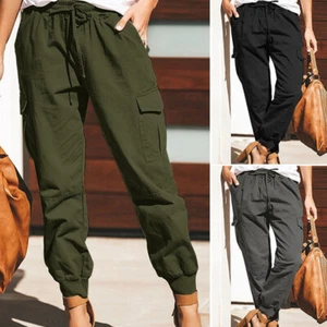 Women Casual Combat Cargo High Waist Joggers Slim Fit Long Pants Bottom Trousers - Picture 1 of 16