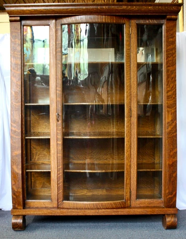 Antique TIGER OAK DISPLAY CABINET Convex Glass Door, 3 Sides Glass, 5 Shelves Cover