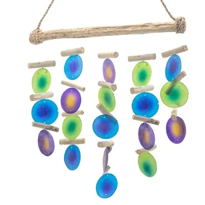 Green Purple Multi Capiz Shell Glass & Driftwood Windchimes - Garden Wind Chimes - Image 1 of 4