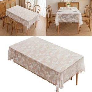 Rectangular White Lace Tablecloth 140x140/100cm Delicated Edges with Fringe - Picture 1 of 10