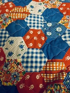 VTG Grandma`s Flower Garden Cheater Calico Gingham Pre-Quilted Single Sided BTHY - Picture 1 of 6