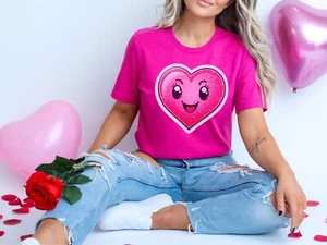 Women Cute Pink Heart Graphic Love Valentines Casual T-Shirt Her Cheerful Heart - Picture 1 of 51
