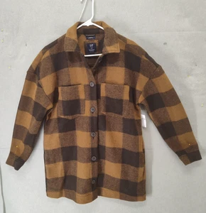 Gap Teen Jacket Shacket Girl 18-20 Brown Plaid Flannel Button Shirt Sustainable - Picture 1 of 18