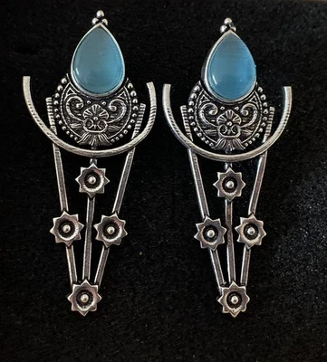 Vintage Inspired Statement Blue Cats Eye Handcrafted Earrings-Silver Plated -New - Image 1 of 2