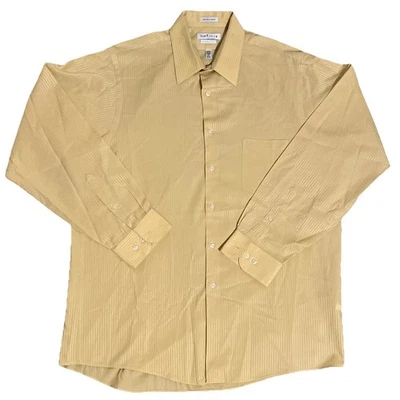 Van Heusen 正装衬衫男式黄色缎面条纹经典合身 L 码 16 1/2 34/35 — 第 1/2 张图片