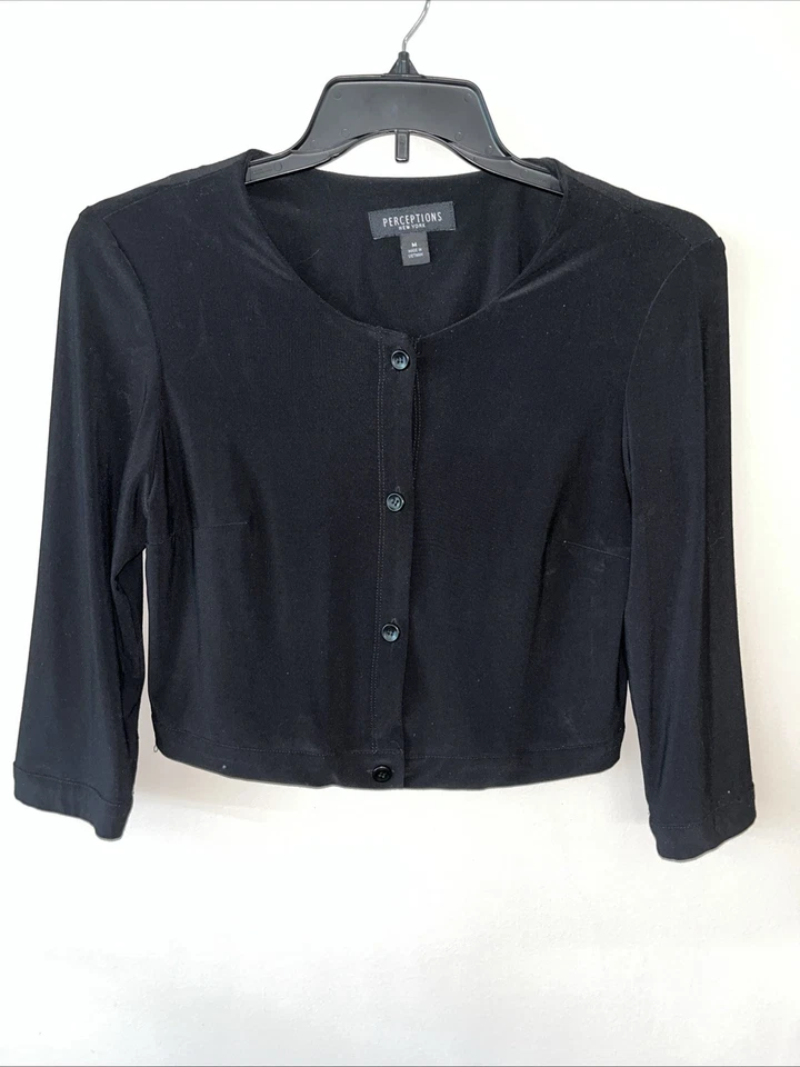 Cárdigan ligero Perceptions negro con botones delanteros manga 3/4 rayón talla grande M Foto 1 de 1