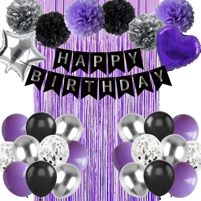 Palloncini Decorativi per Feste Di Compleanno Neri, Viola E Argento, Decorazioni - Immagine 1 di 4