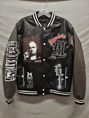 Members Only Jacket Mens Medium Black Gray The Godfather Varsity Faux Leather - Image 1 of 4