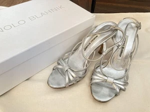 Manolo Blahnik Mules Sandals Heel Leather Silver EU36.5 US6.5 Japan F/S USED - Picture 1 of 24