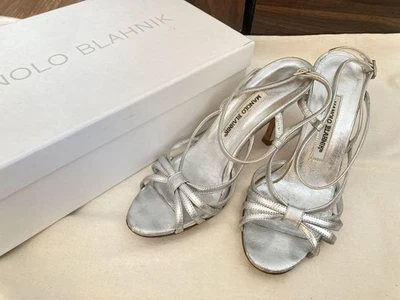 Manolo Blahnik Mules Sandals Heel Leather Silver EU36.5 US6.5 Japan F/S USED - Image 1 of 4