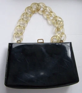 Clear Lucite Handle on a Black Patent Leather Purse Bag - Picture 1 of 7