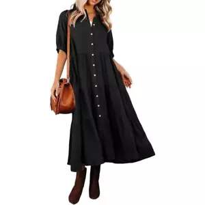 Summer Cotton Half Sleeves Button Down Loose Slit Midi Dress w/ Pockets, Blk, SM - Picture 1 of 10