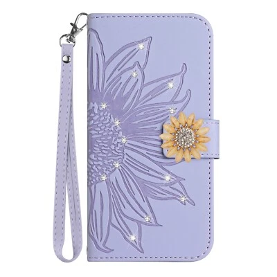 For Various Phone Diamond Sunflower Flip Card Wallet Bag Stand Case Cover Women - Image 1 of 4