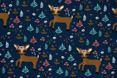 marineblauer Sweat French Terry mit Bambi Reh Boho Forrest Wald 50 x 150 cm   - Bild 1 von 4