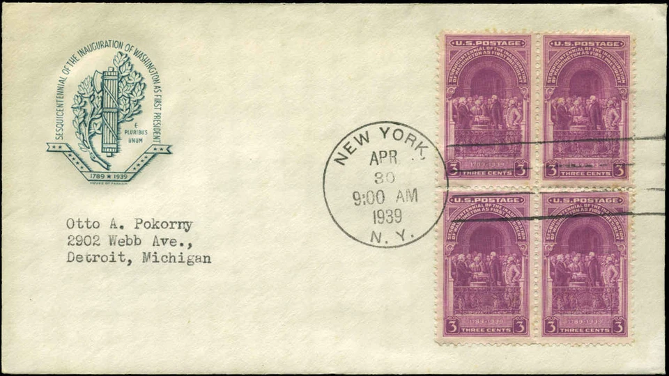 US FDC #854 BLOCK of 4  Planty #24b House of Farnam Cachet New York, New York - Image 1 of 1