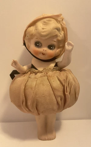 ANTIQUE BISQUE FROZEN CHARLOTTE GOOGLY EYE JOINTED ARMS PIN CUSHION DOLL 7” CUTE Cover