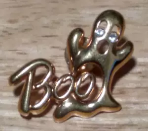 Halloween Lapel Pin Tie Tack Ghost BOO with Rhinestone Eyes - Picture 1 of 3