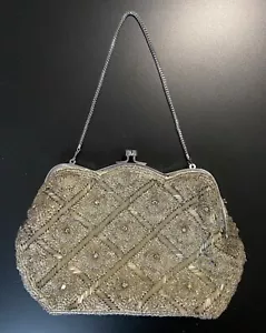 Vintage Silver Beaded Evening Bag Clutch Purse With Chain Made In Hong Kong - Picture 1 of 7