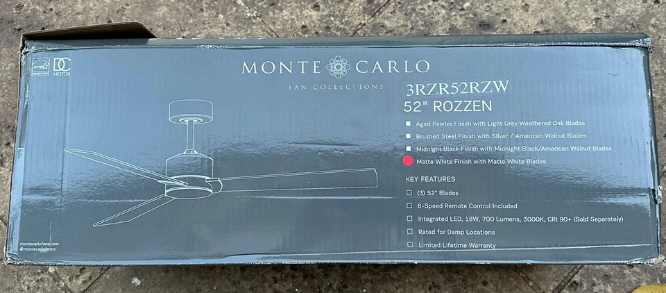 Monte Carlo 3RZR52RZW Rozzen 52 英寸吊扇带遥控 3 刀片哑光白色 — 第 1/1 张图片
