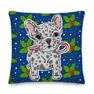 Merle French Bulldog Christmas Throw Pillow Holiday Dog Candy Cane Decor - Picture 1 of 24