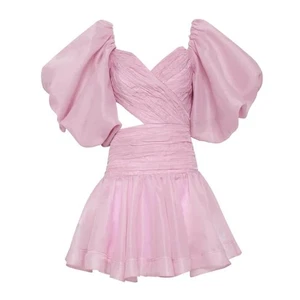 TWOTWINSTYLE V-Neck Ruched Cut Out Mini Puff Sleeve Dress Size Small Pink - Picture 1 of 8