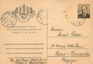 E0036 Czechoslovakia Prague to Brussels Belgium 1955 Postal Card - Picture 1 of 2