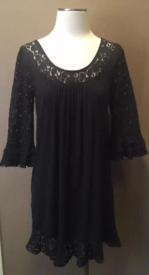 Vestido Jersey Moda International M Negro Romántico con Mangas de Encaje y Yugo Foto 1 de 4