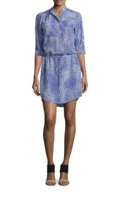 Rebecca Taylor синий леопард лихорадка 100% шелк длинным рукавом рубашка платье Sz 2 $395 - Изображение 1 из 4
