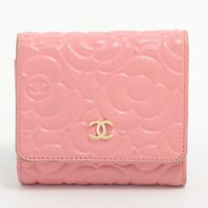 Chanel Camellia Caviar Skin Compact Wallet Pink Gold Metal No. 29