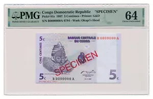 CONGO banknote 5 Centimes 1997 Specimen PMG MS 64 Choice Uncirculated - Picture 1 of 7