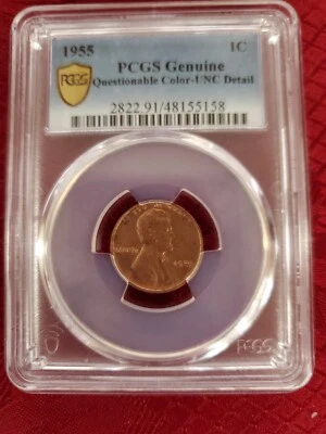 Centavo de trigo Lincoln 1955 sin marca de ceca sin clasificar graduación profesional color cuestionable detalle UNC Foto 1 de 4