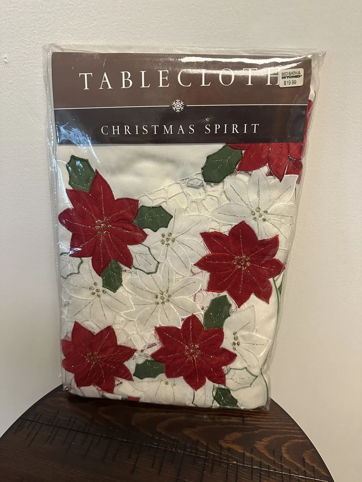 Christmas Spirit Tablecloth 60”x 84” Oblong Holiday Poinsettia NEW - Image 1 of 4
