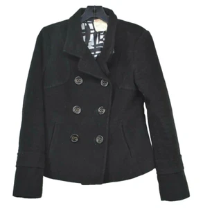 Tulle Womens Black Long Sleeve Double Breasted Stretch Seam Pocket Peacoat S - Picture 1 of 9