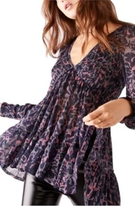 FREE PEOPLE Women's V-Neck Long Sleeve Dark Combo Romance Tunic XS $128 - Picture 1 of 9