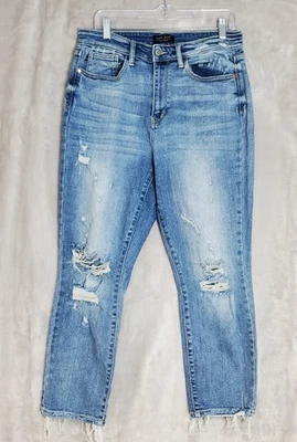 Judy 蓝色牛仔裤女式 11/30 直筒磨边下摆高腰牛仔布 — 第 1/4 张图片