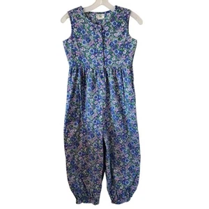 Vintage Bonny Lass Girls Youth Pansy Floral Print Jumpsuit Size 12 Blue Green - Picture 1 of 3