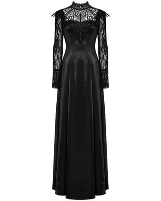 Punk Rave Damen Lang Gothic Satin Maxi Kleid Mit Spitze Bestickt Kontrast - Bild 1 von 4