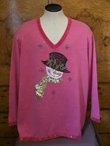 QUACKER FACTORY ~ PINK SNOWMAN CHRISTMAS V-NECK SWEATER ~ 3X - Picture 1 of 11
