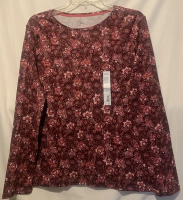 Croft & Barrow L Rosa y Blanco Elegante Floral Tejido Top, Cuello Redondo, Mangas Largas Nuevo con Etiquetas Foto 1 de 3