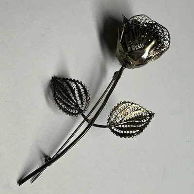 Antigua flor rosa filigrana de plata de ley 925 Foto 1 de 4