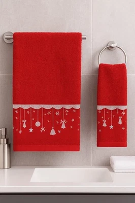 Asciugamani Natalizi Rossi Cotone 100% Set 1+1 Spugna Jacquard Morbidi Eleganti - Immagine 1 di 3